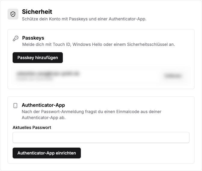 Sicherheitseinstellungen in CLYE AI, Passkeys und Authenticator-App